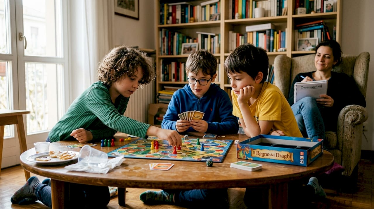 Gioco da tavolo per bambini con supervisione, pensato per favorire l’attenzione e il coinvolgimento dei piccoli con ADHD.