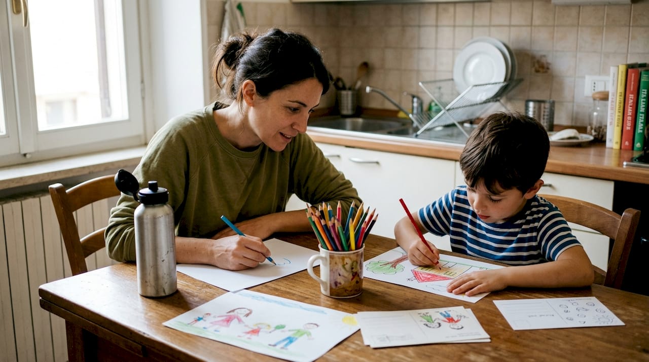 Mamma e bambino condividono un momento educativo insieme.