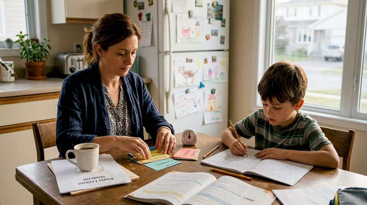 Insegnante che utilizza tecniche mirate per aiutare un bambino con ADHD a svolgere i compiti a casa.