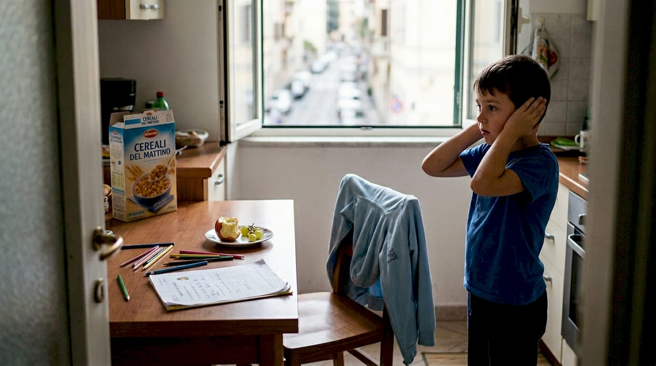 Un bambino si tappa le orecchie infastidito dal rumore.