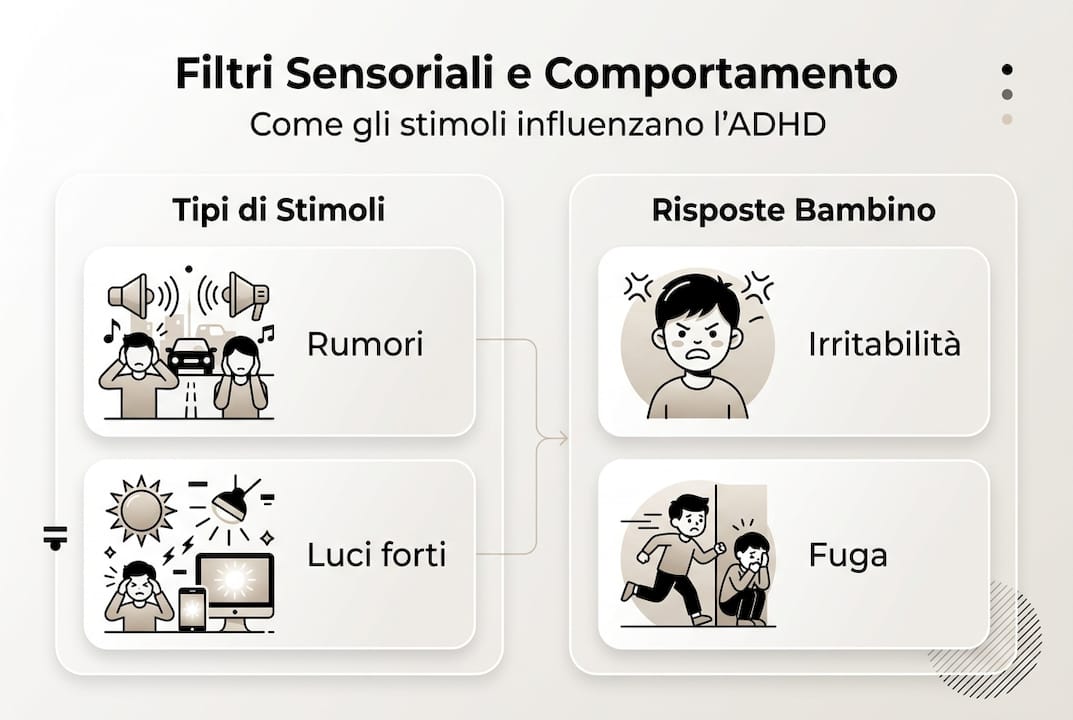 Infografica: come i filtri sensoriali influenzano il comportamento nei bambini con ADHD