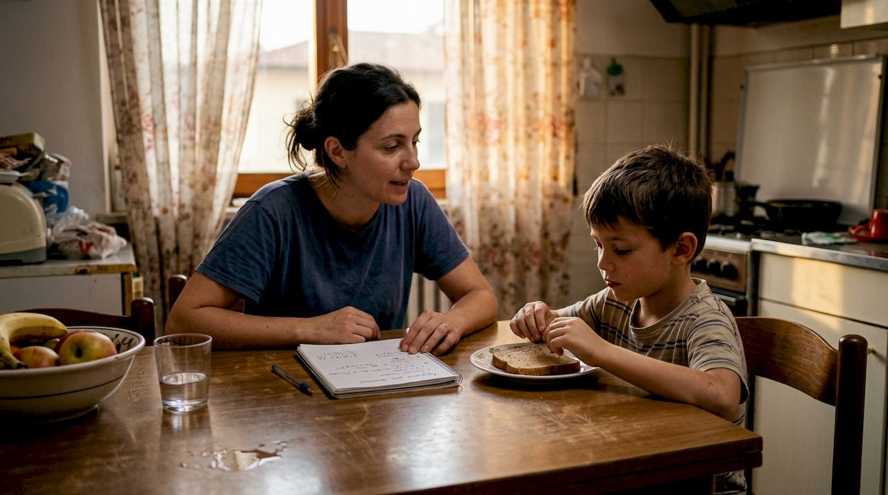 Una mamma si confronta con il figlio con ADHD durante il pranzo