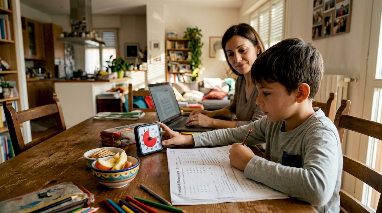 Ragazzo a casa che si concentra sui compiti, aiutandosi con un timer per gestire il tempo