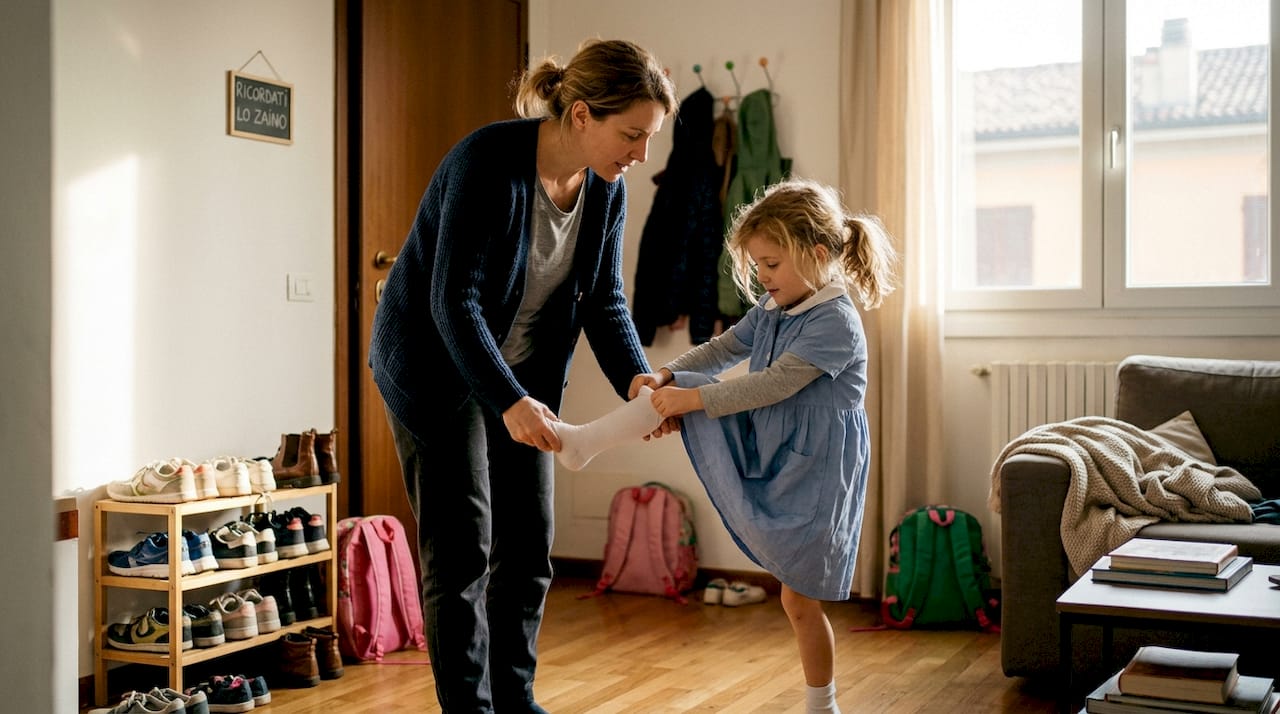 Una mamma che accompagna la sua vivace bambina tra le piccole sfide della routine mattutina.