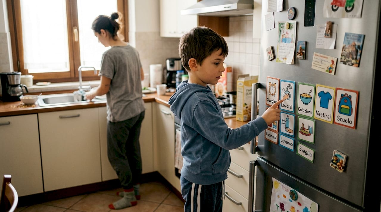 Un bambino consulta la sua tabella visiva mentre si trova in cucina.