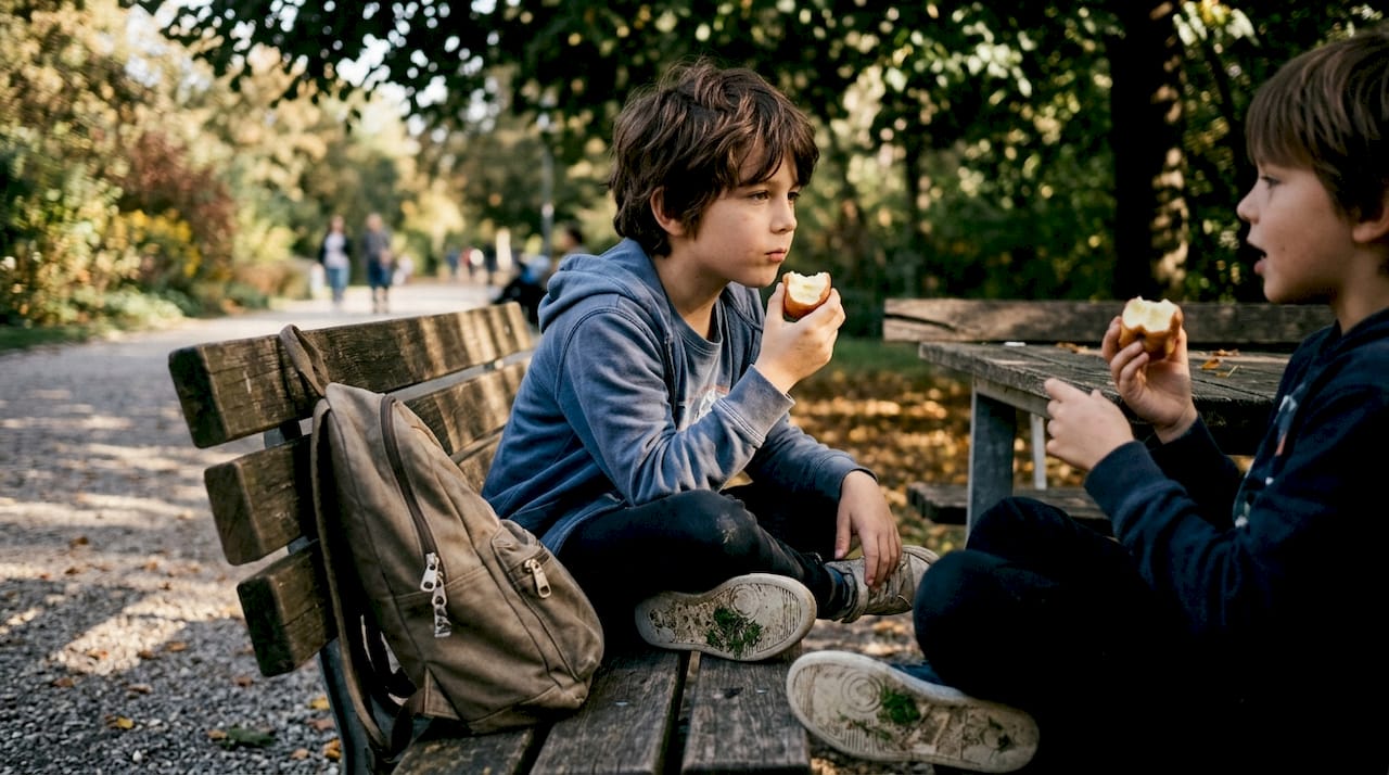 Due bambini seduti su una panchina al parco chiacchierano dopo la scuola.