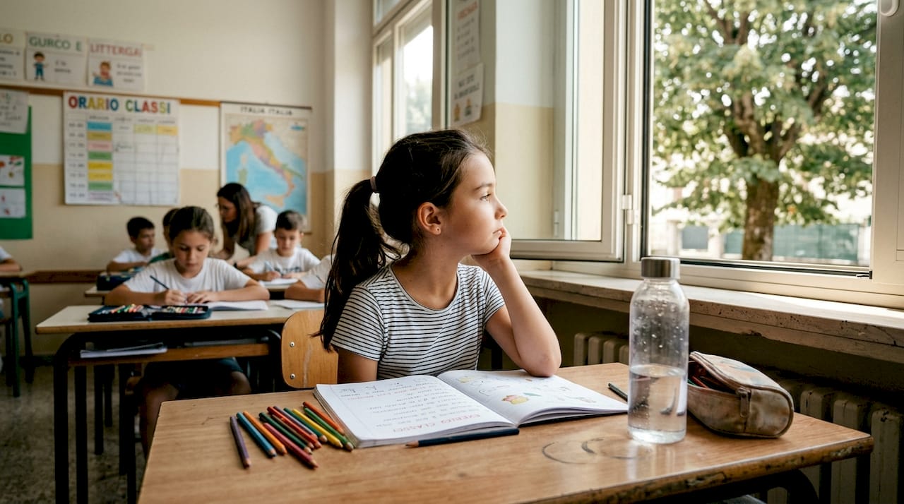 Una ragazza persa nei suoi pensieri, con lo sguardo che si perde fuori dalla finestra della classe.