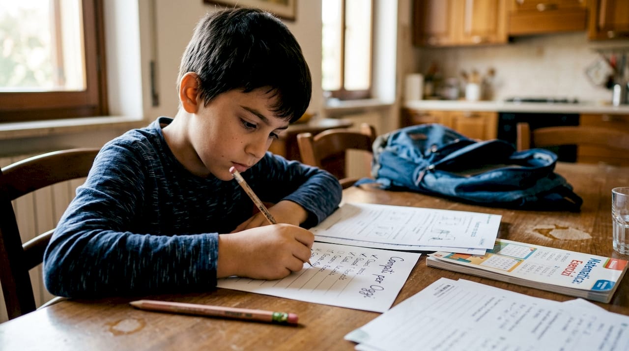 Un bambino che controlla i compiti seduto al tavolo della sala da pranzo, tra oggetti di tutti i giorni e il vissuto della casa.