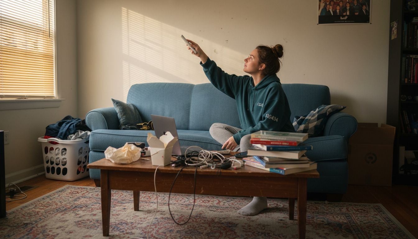 Student living in off-campus apartment interior