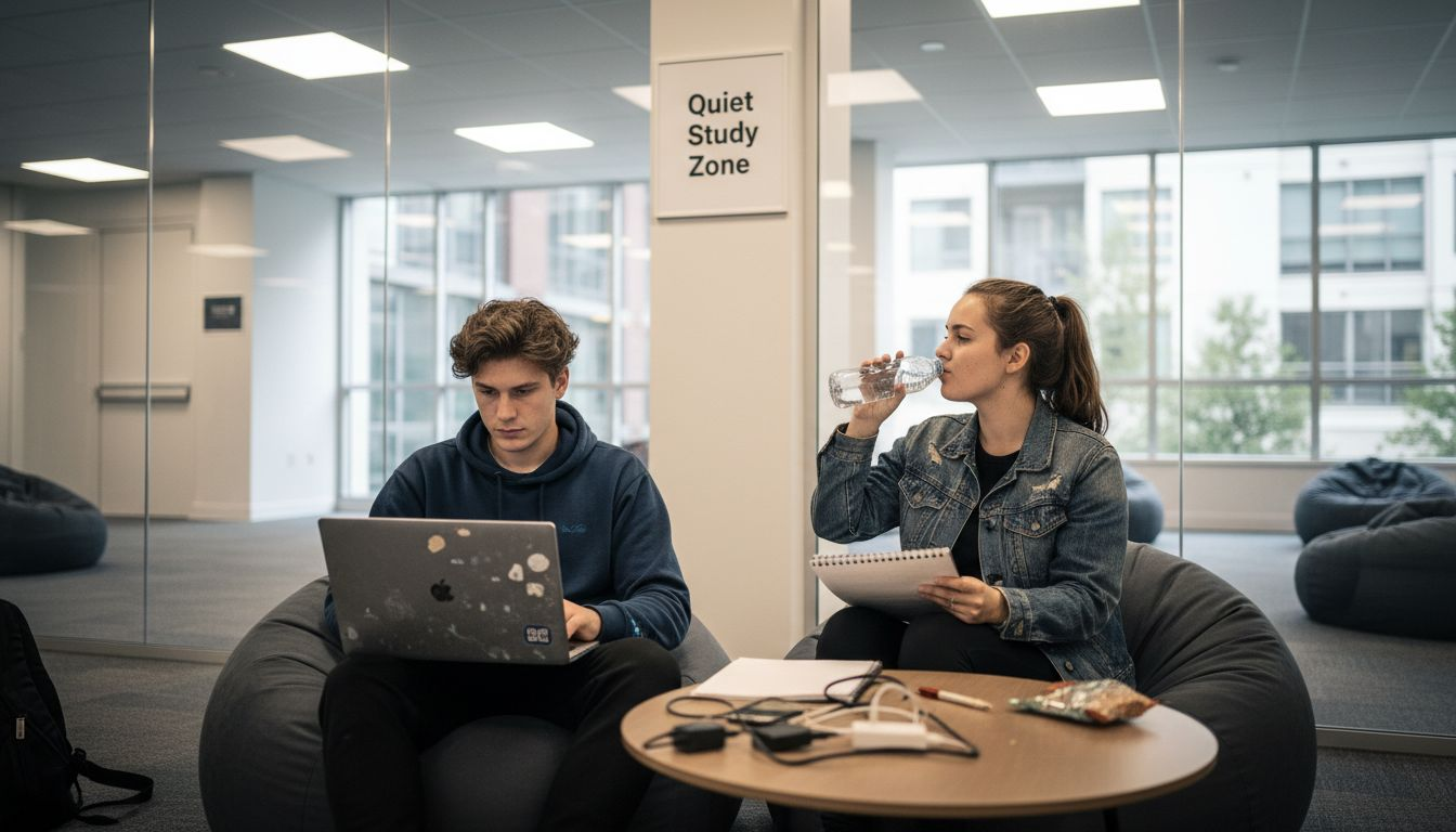 Students using amenity-filled study lounge