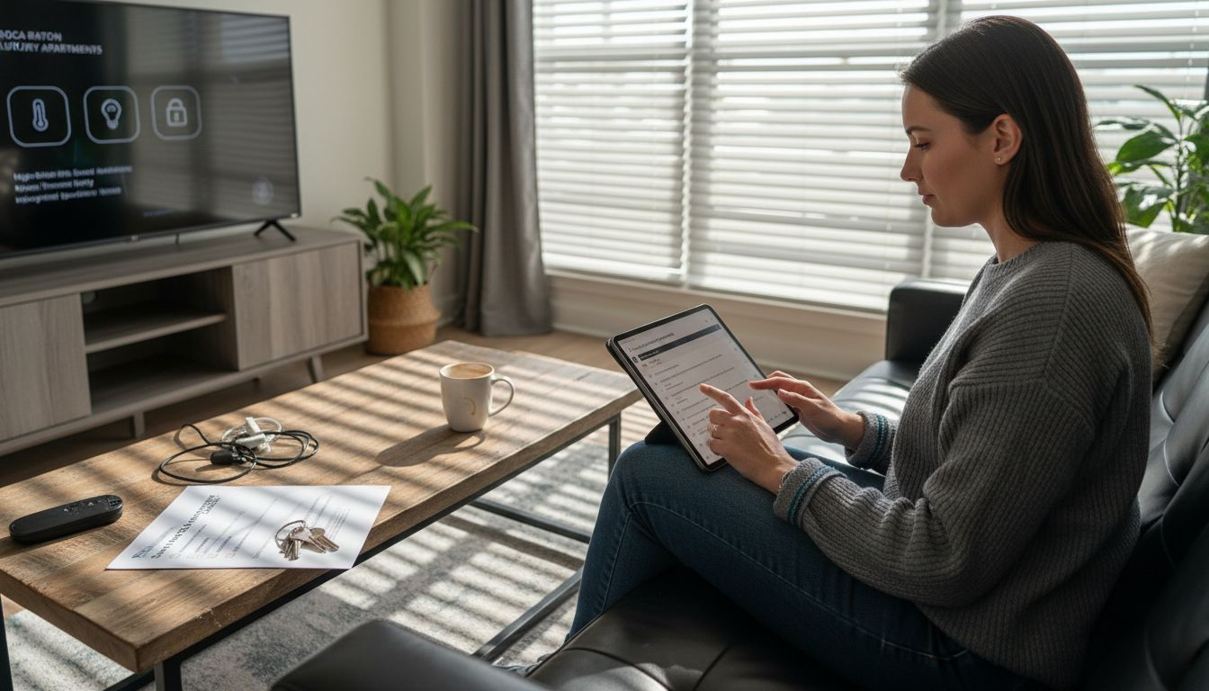 Step-by-Step Guide to Renting in Boca Raton Made Easy 1 Woman reviewing tech amenities for apartment
