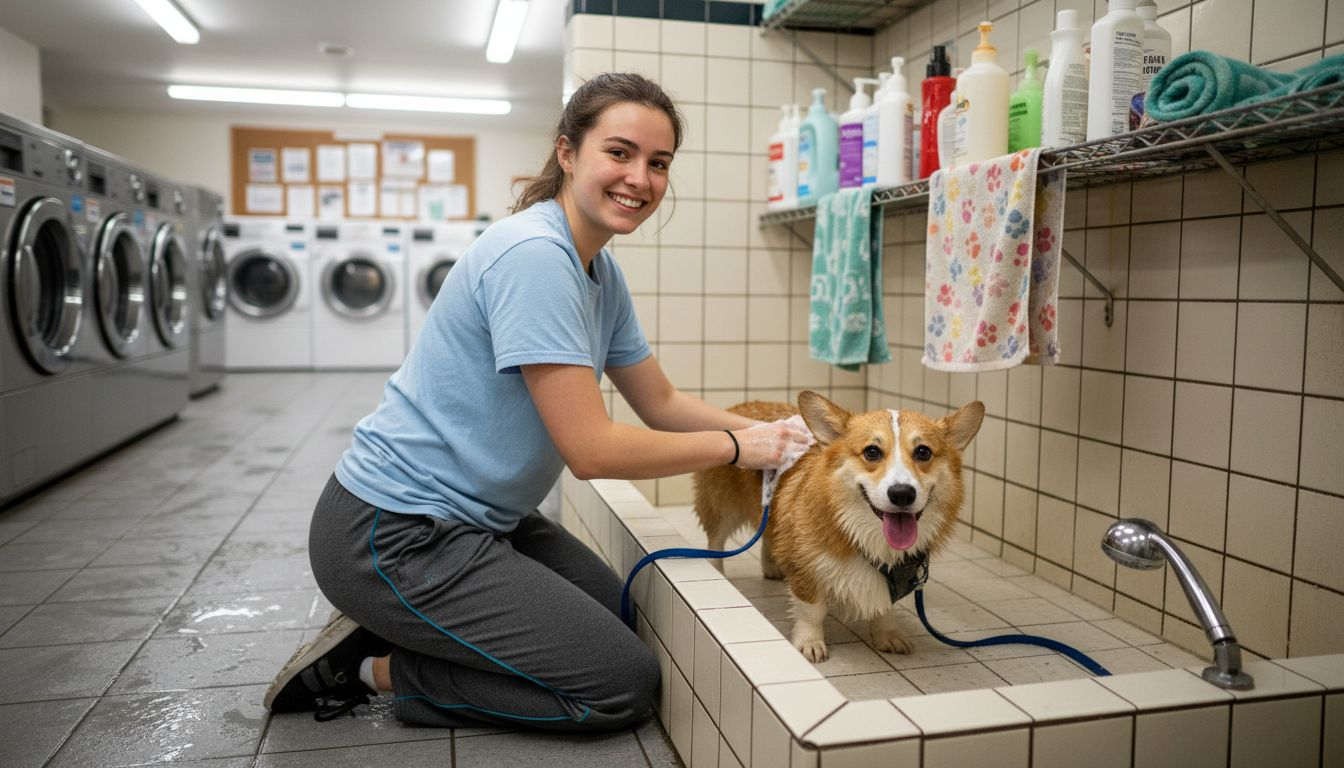 Pet owner using apartment dog wash station