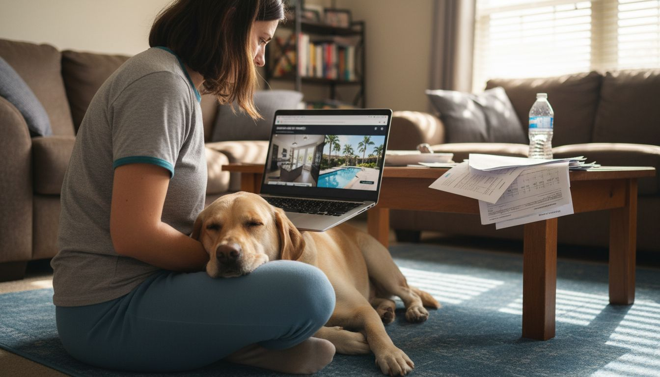 Pet owner reviews virtual apartment tour on laptop