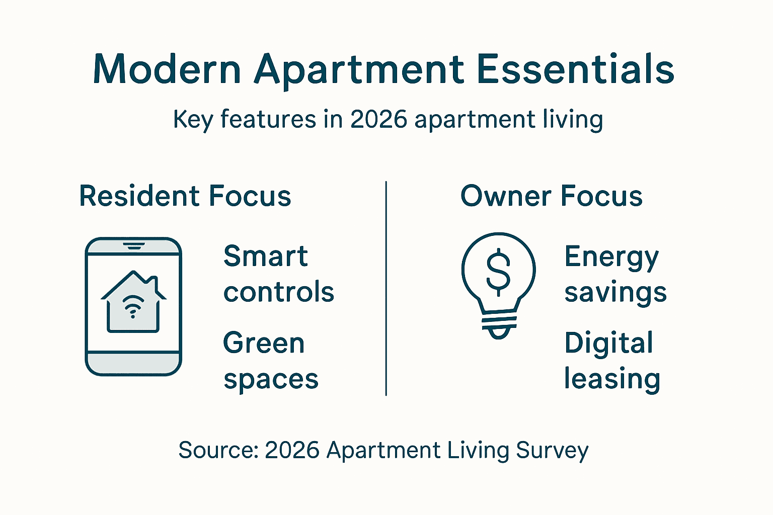 Modern Apartment Living: Why It Matters in 2026 2 Infographic summarizing modern apartment features 2026