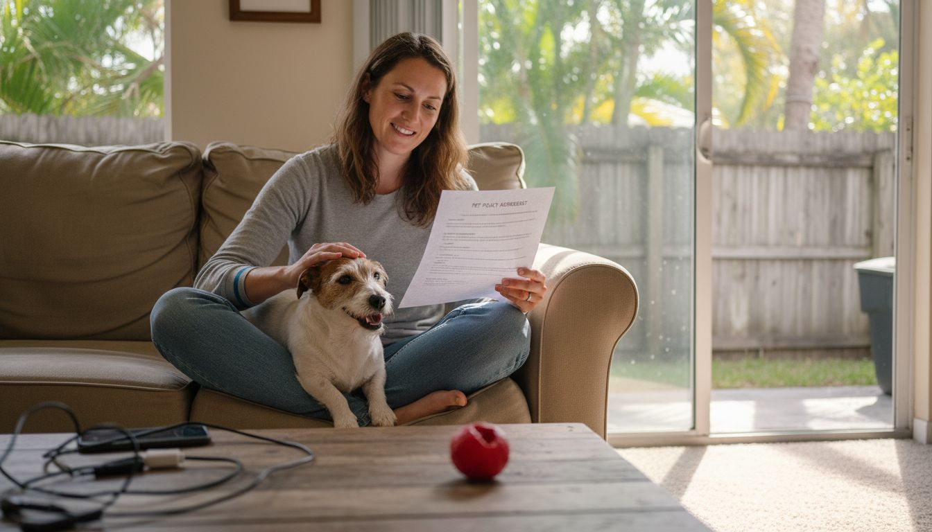 Woman reviews pet policy with terrier dog