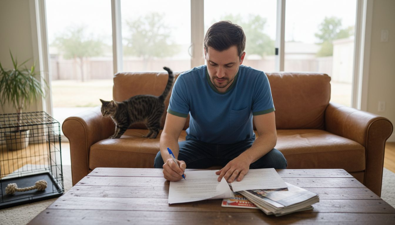 Pet Friendly Housing: Impact on Boca Raton Renters 1 Renter reading lease with cat and pet crate