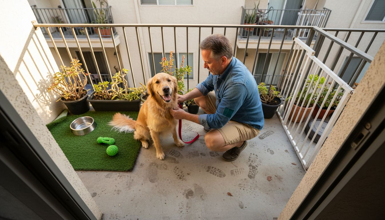 Man and dog on apartment patio with pet features