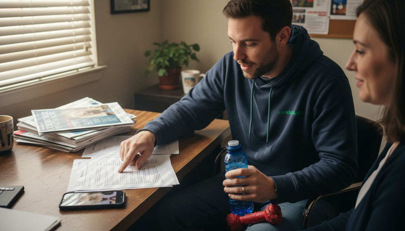 How to Find Affordable Pet-Friendly Housing Fast 1 Discussing lease and pet fees paperwork