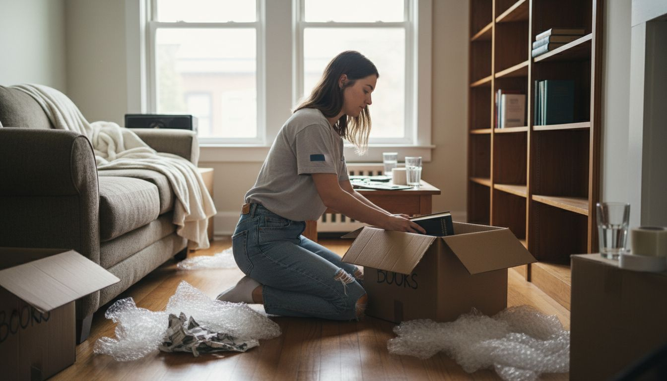 Person unpacking boxes in messy living room