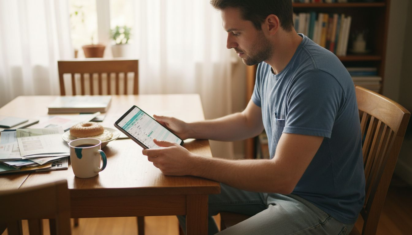 Man comparing apartments with spreadsheet at table