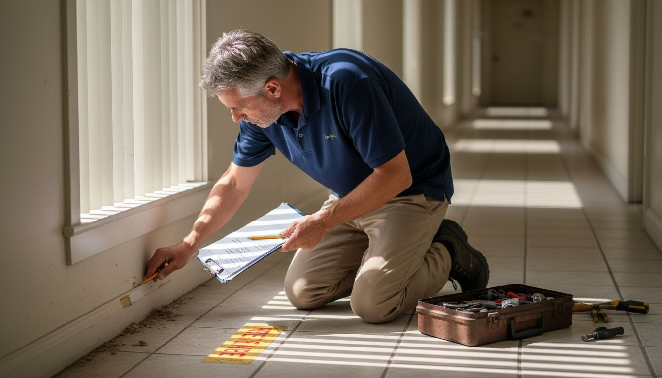 Property manager inspects hallway maintenance