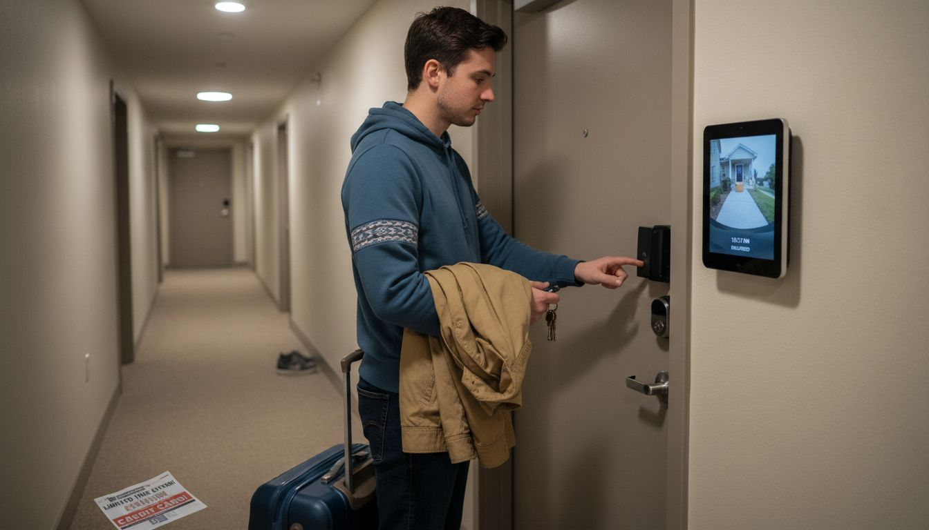 Man using smart lock and entry camera