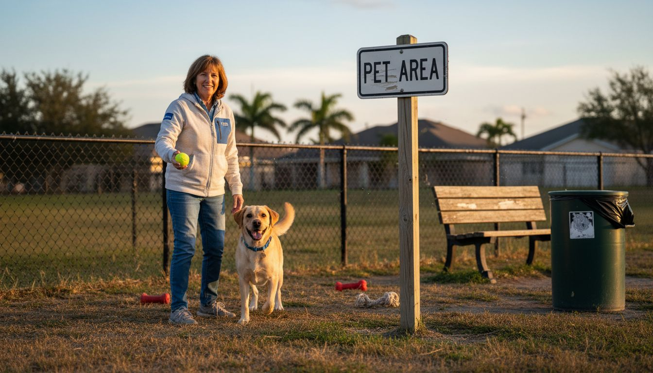 Woman with labrador at residential dog park