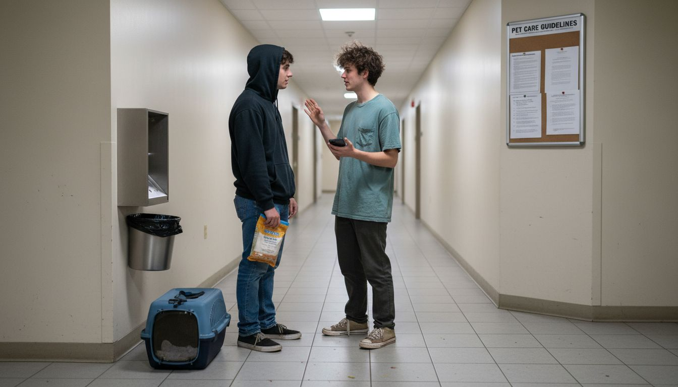 Students using pet-care amenities in apartments