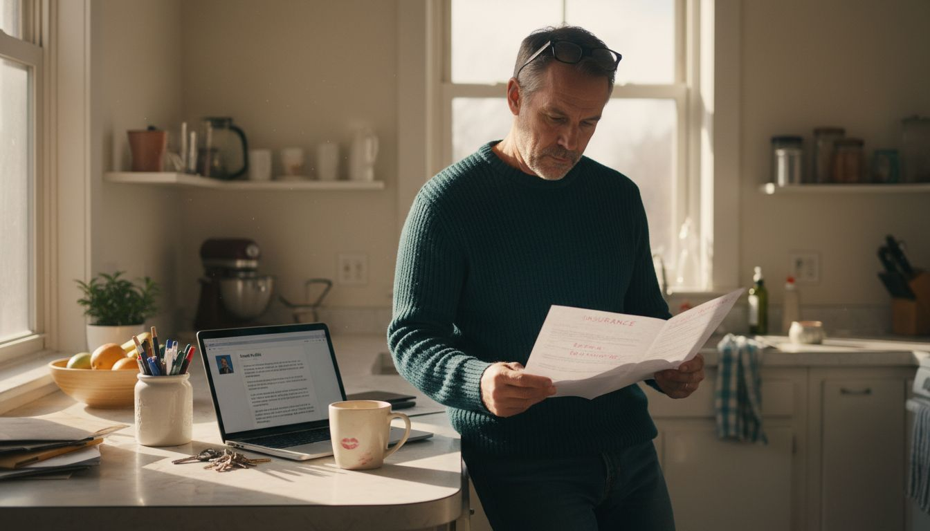 Landlord checks insurance options in kitchen
