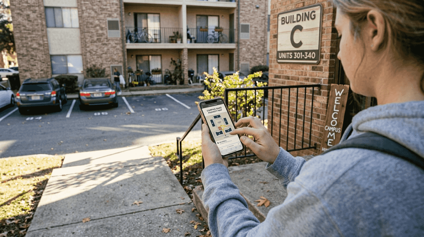 Renter uses mobile map at apartment entrance