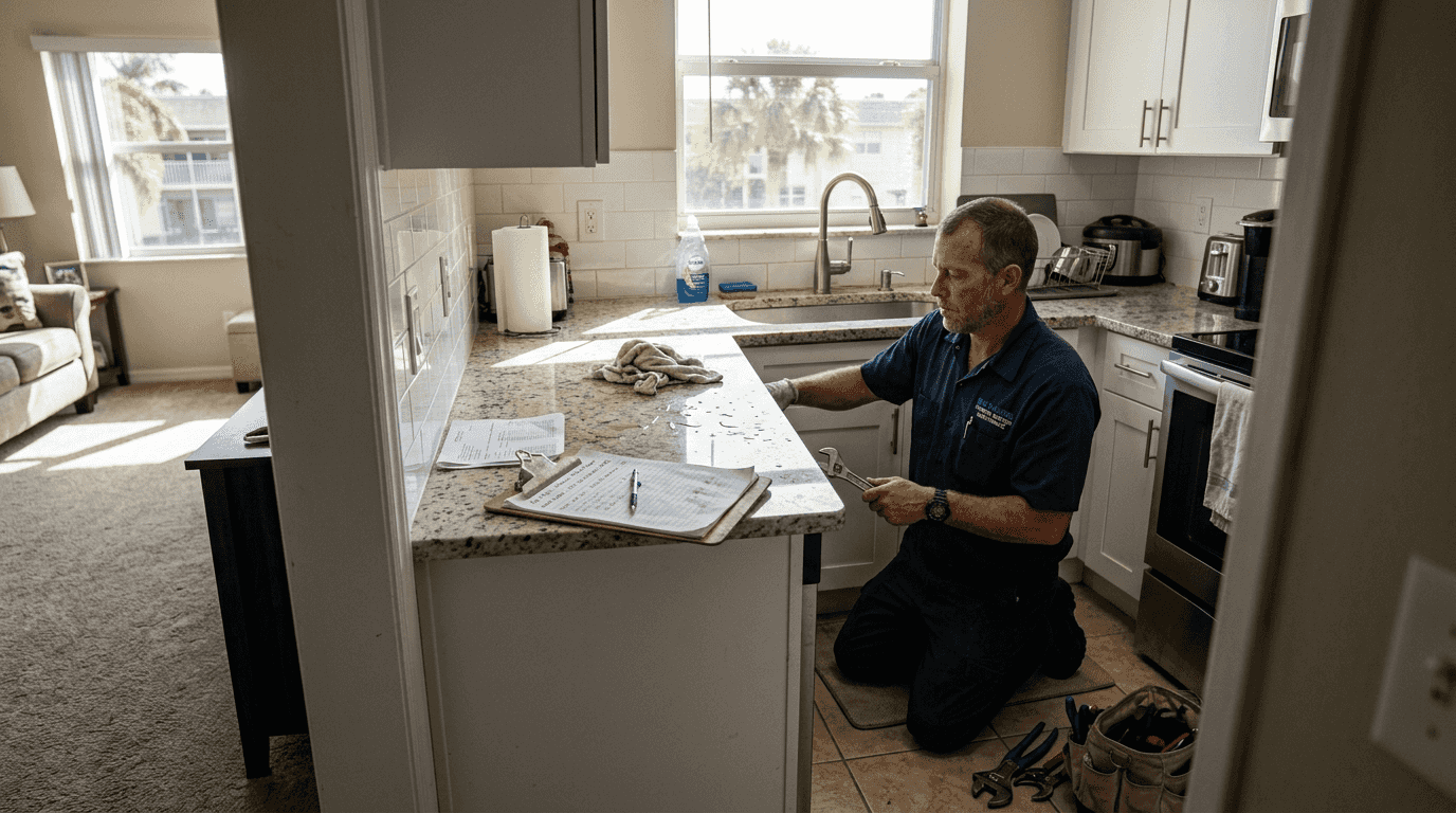 Technician inspecting kitchen faucet in rental apartment