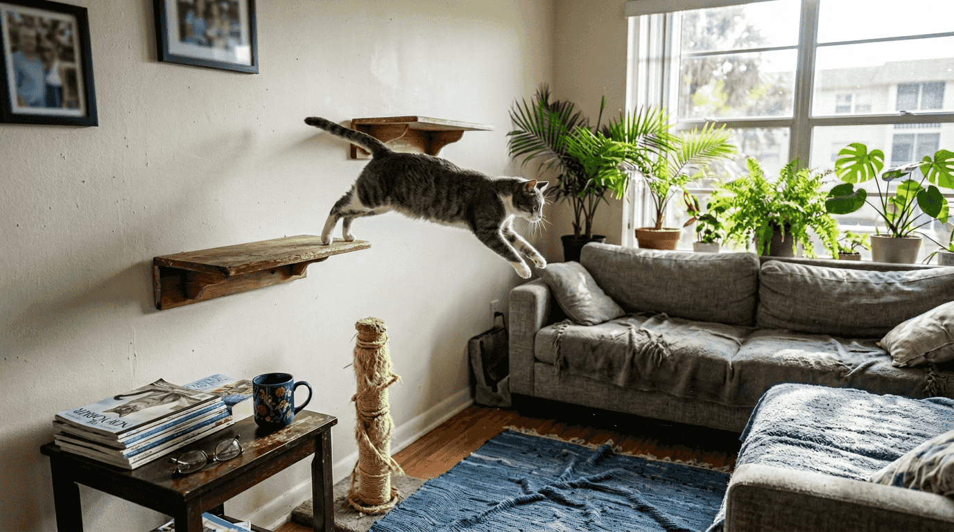 Cat using vertical wall shelves in apartment