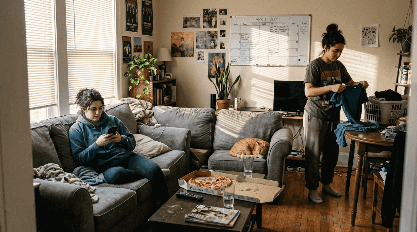 Roommates relaxing in shared off-campus apartment