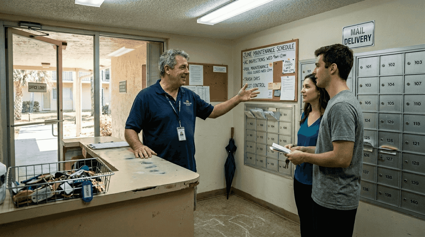 Leasing manager talking with residents by mailboxes