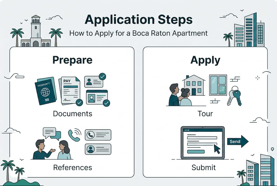 Infographic illustrating Boca Raton apartment application steps