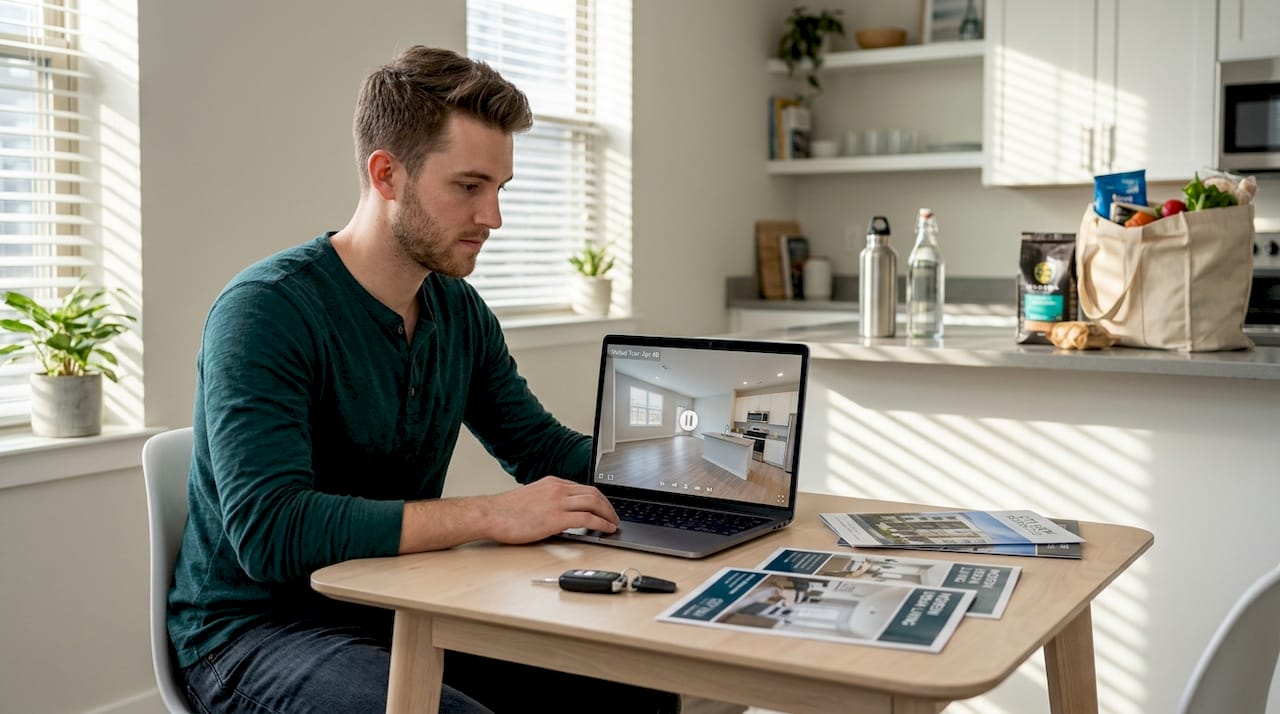 Renter taking virtual apartment tour on laptop