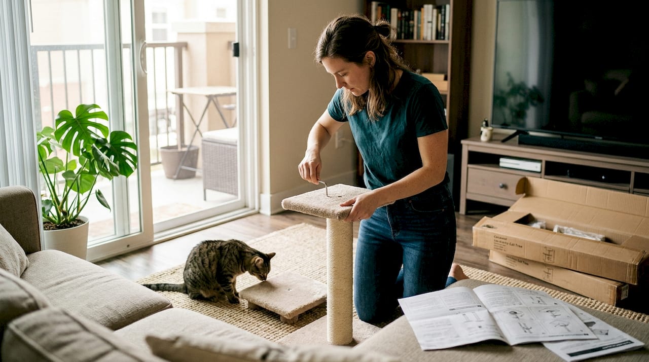 Cat-friendly apartment amenities guide for Boca Raton 2 Person sets up cat tree in apartment