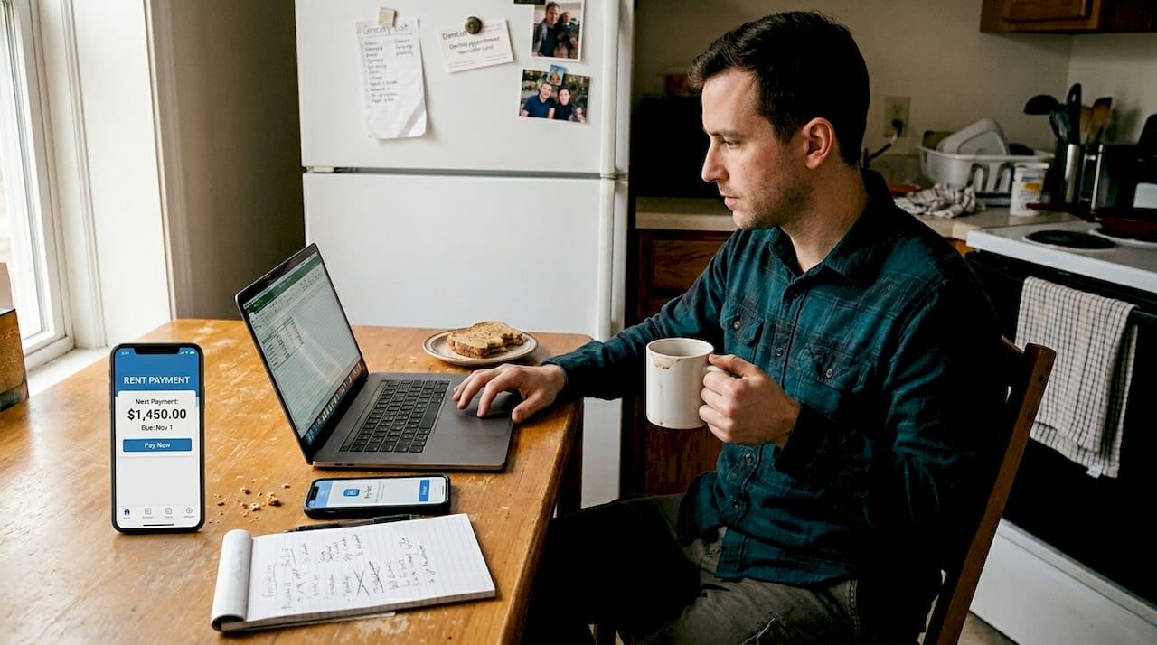 Unlock the role of convenience in apartment living 2 Man digitally paying rent at kitchen table