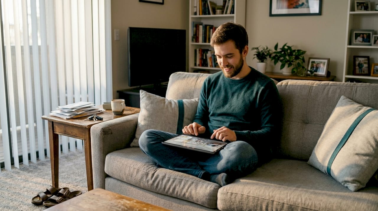 Man viewing virtual apartment tour on tablet