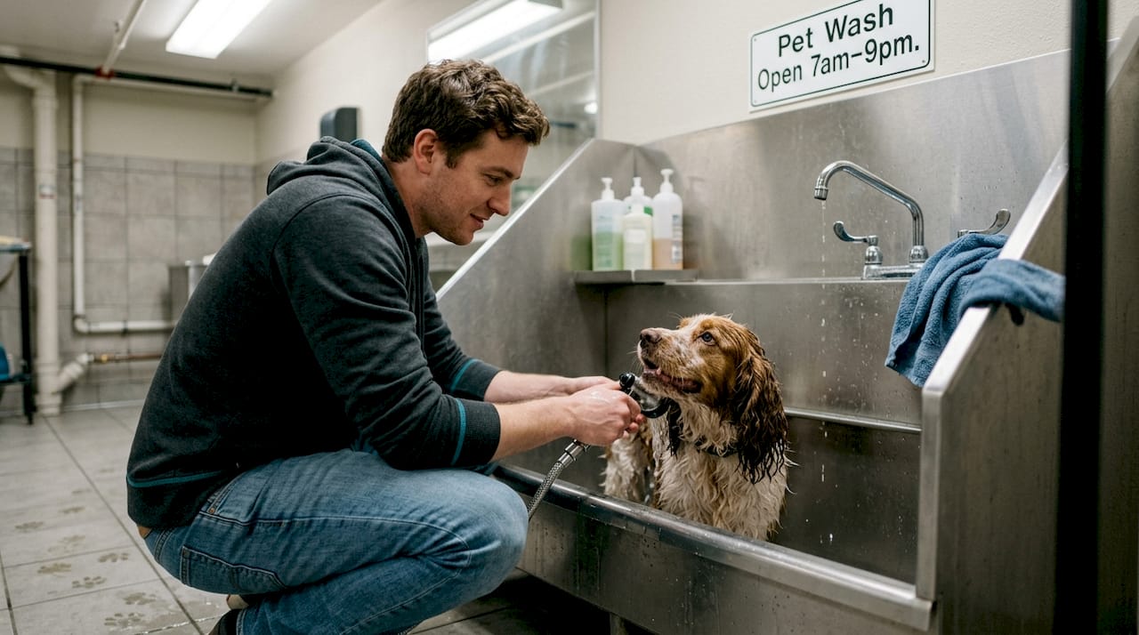 Man washing dog at apartment pet wash station