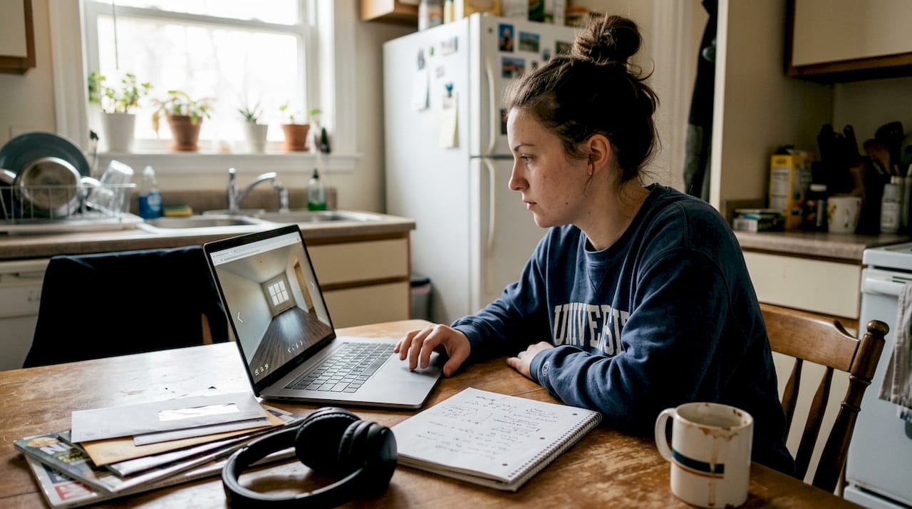 Student reviewing virtual apartment tour on laptop