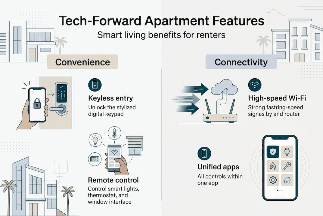 Infographic of tech-forward apartment core features