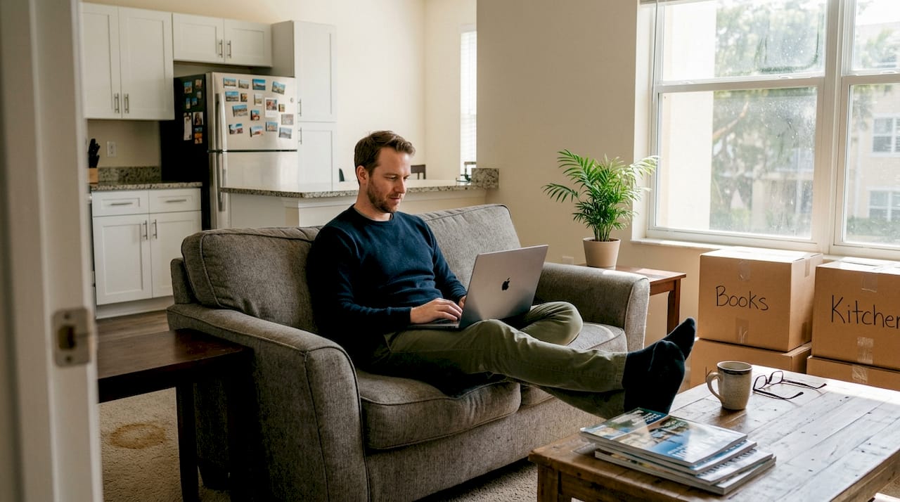 Man working in central Boca Raton apartment living room