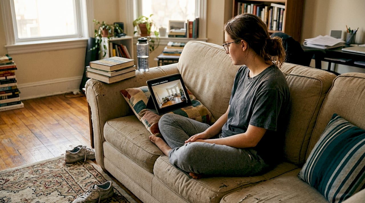 Student viewing virtual apartment tour at home