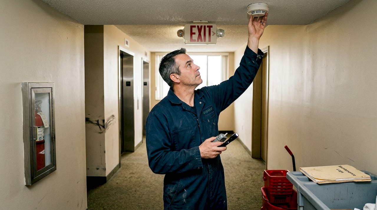 Worker checking hallway smoke detector safety