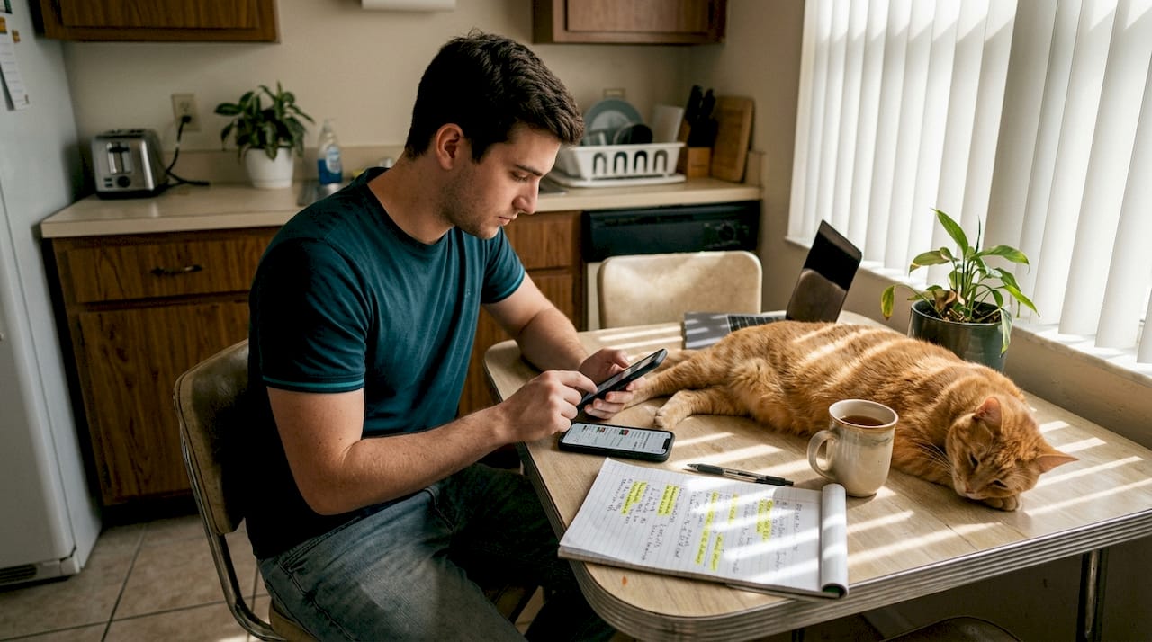 Pet owner reading reviews with cat at table