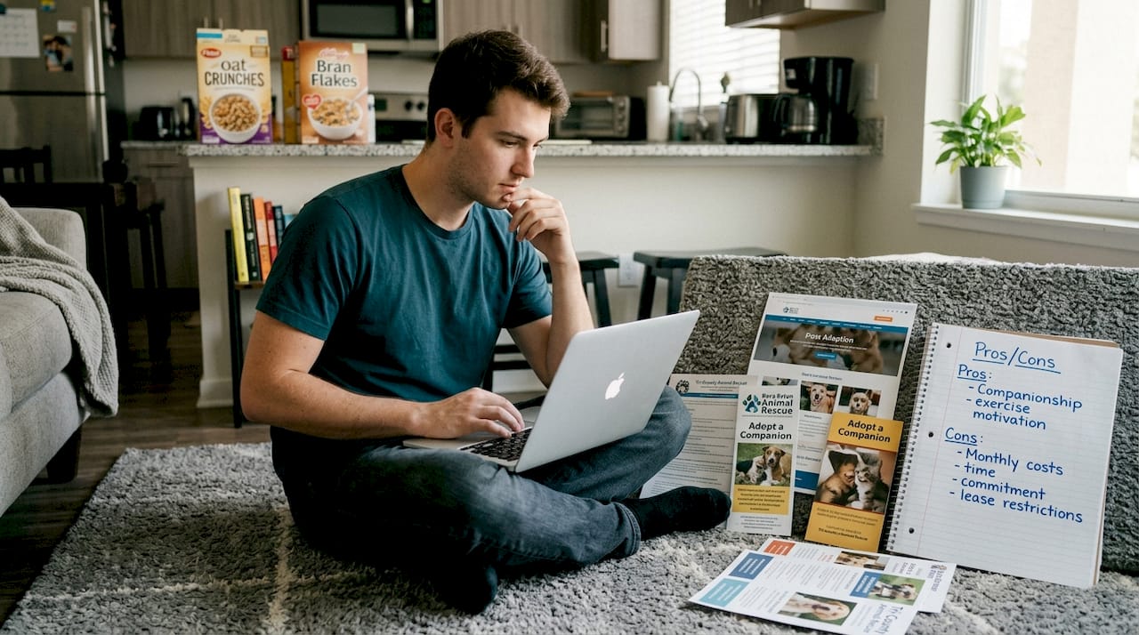 5 real benefits of pets in Boca Raton apartments 2 Man researching pets in Boca Raton apartment