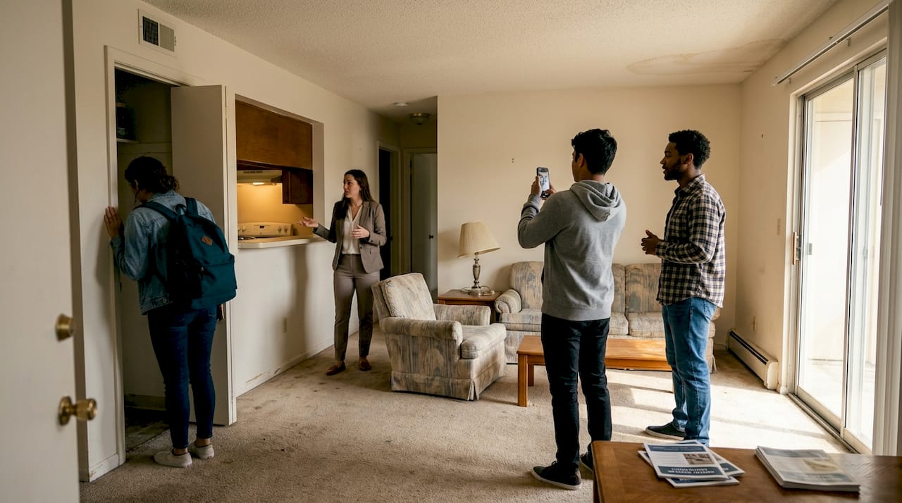 Students touring typical Boca Raton apartment