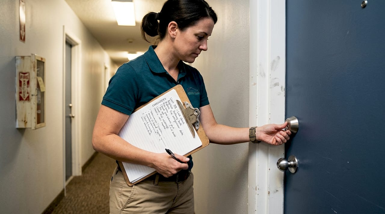 Apartment security essentials: What Boca renters should know 2 Manager inspecting apartment door lock