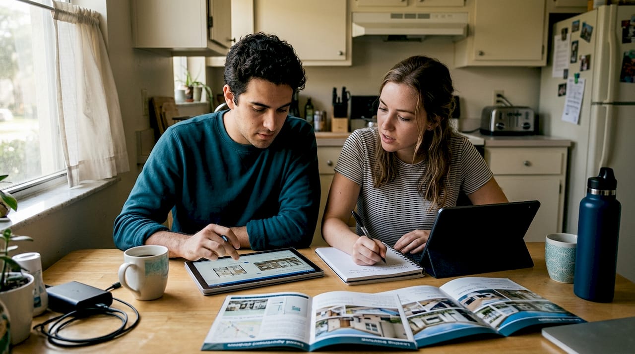 Couple comparing apartments at kitchen table